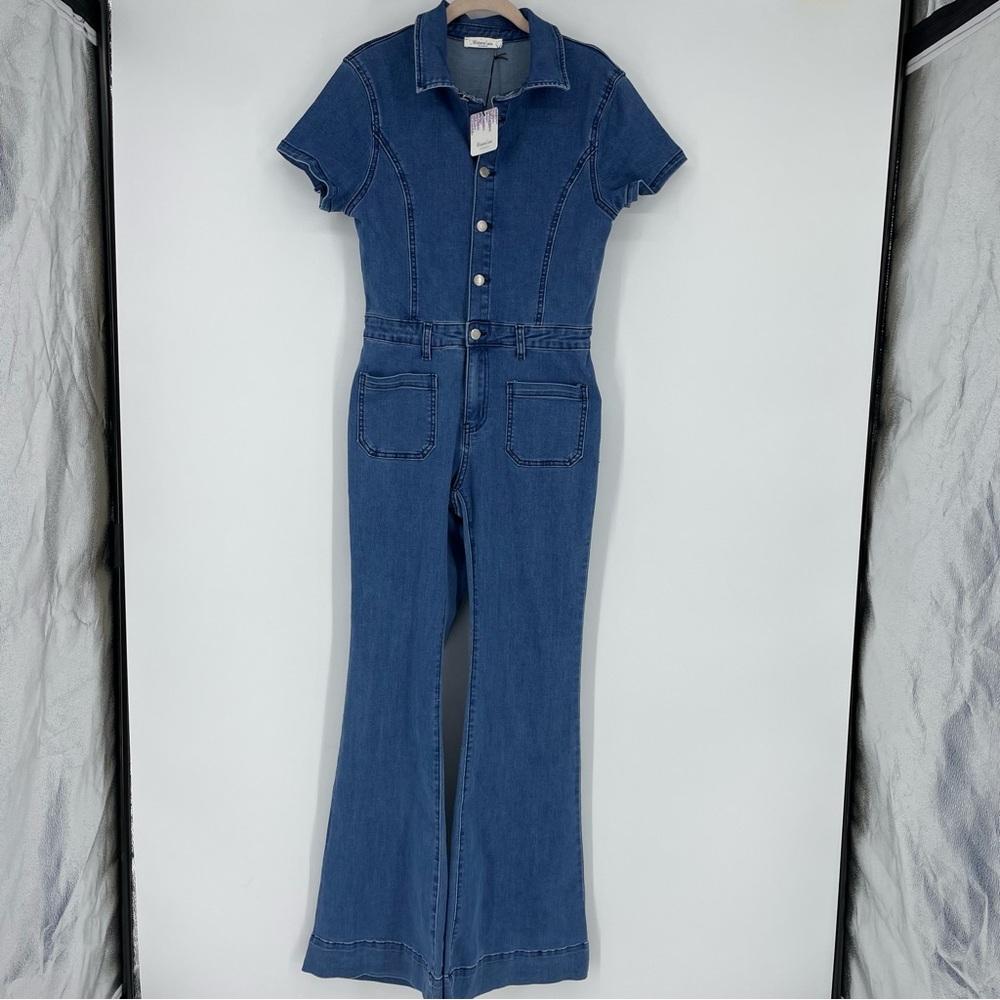 Wisteria Lane Women's Blue Denim Flare Overalls Medium New - Picture 4 of 16